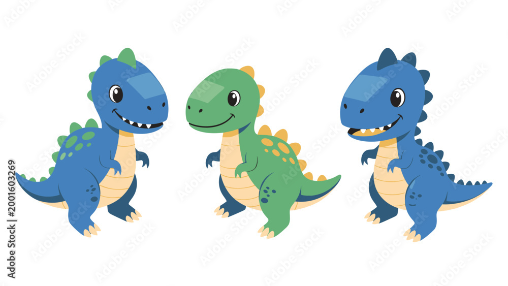 Fototapeta premium Cute cartoon baby dinosaurs illustration set. Friendly blue and green dino characters for kids' designs.