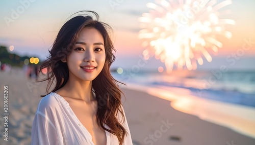 Smiling woman on beach at dusk, fireworks display in background