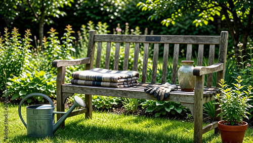 Wooden Garden Bench with Blankets, Gloves, Jar, Watering Can, and Flowers
