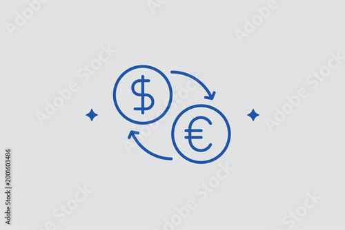 Currency exchange line icon for foreign money conversion and airport financial services. Commercial vector illustration for banking kiosk signage and international traveler's financial guides.