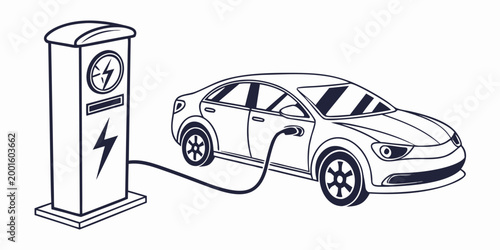 Black and white line art illustration of a modern electric sedan car being charged at a dedicated public power supply station with cable connected electric charging sustainable automobile