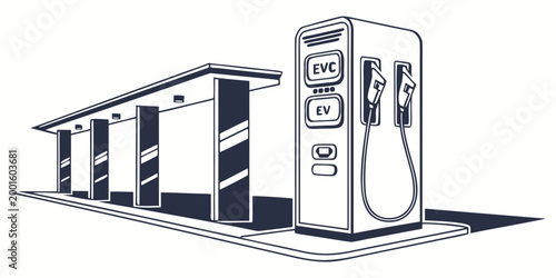 Professional line art illustration of a dual point electric vehicle charging station infrastructure with high speed nozzles and canopy columns charging infrastructure equipment sustainable