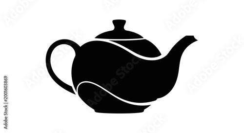 Elegant black ceramic teapot with curved spout and handle on minimalist white background for modern kitchen decor