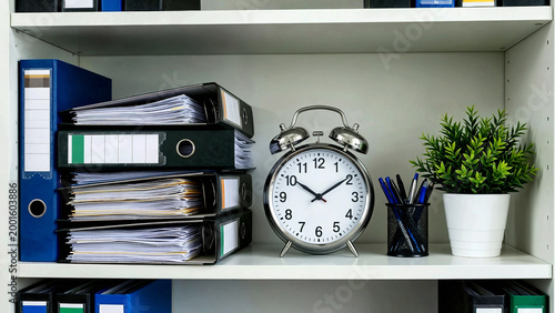 Organized Office Shelf with Binders, Clock, Plant, and Pen Holder Setup
