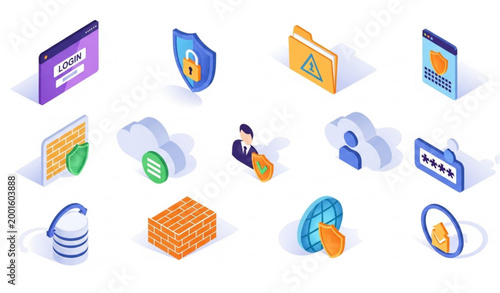 Isometric cybersecurity icon set with internet protection password security and data encryption symbols for technology design