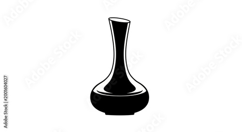 Elegant black ceramic vase with narrow neck and wide base on minimalist black stand, isolated on white background