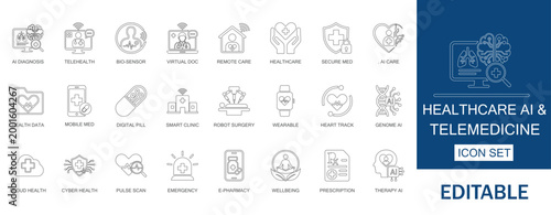 Healthcare AI and Telemedicine Icon Set: Digital Health, Remote Patient Monitoring, Robot Surgery, AI Diagnosis, Virtual Doctor, Cyber Health, and Smart Medical Care Line Icons.