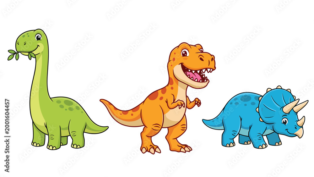 Naklejka premium Friendly Cartoon Dinosaurs: Cute Brontosaurus, T-Rex, and Triceratops Characters Vector Set
