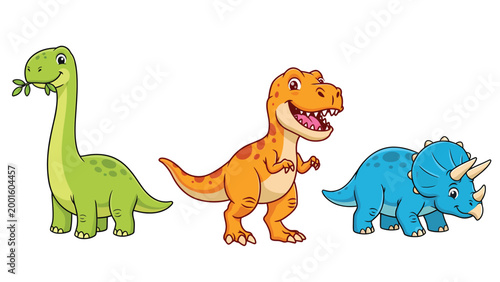 Friendly Cartoon Dinosaurs: Cute Brontosaurus, T-Rex, and Triceratops Characters Vector Set