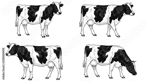 Holstein Cow Illustrations Set: Standing, Walking, Grazing. Black and White Farm Animal Vector Art.