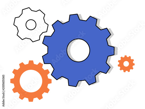 Several colorful mechanical gears vector illustration. Industrial engineering, business synergy, workflow, automation, teamwork, system settings. Rotating cogwheels and machine parts