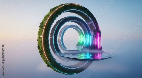 Abstract ring portal landscape water light futuristic tech visuals with abstract landscape futuristic environment circular illustration technology dreamlike futuristic tech visuals