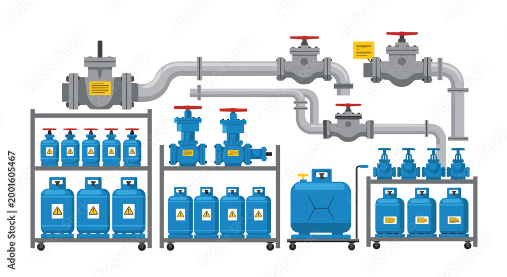 Naklejka premium An industrial plumbing system with metal pipes and red valves is displayed above blue gas storage tanks on wheeled carts against a plain white background.