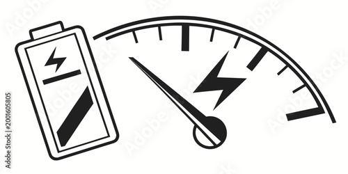 Electric vehicle battery level gauge icon showing high charge with electric car black and white battery life power level energy efficiency indicator electric dashboard technology electricity