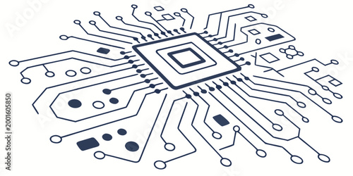 A schematic view of a central processing unit chip with complex circuitry hardware engineering electronic component computing power microchip processor technology electronic computer hardware