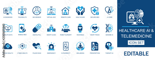 Healthcare AI and telemedicine icon set. Includes digital diagnosis, remote patient monitoring, robot surgery and genomic research. Solid vector assets for virtual health-tech apps.