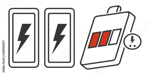 Battery charging icons set including individual cells with energy symbols and portable power bank level indicator charging electricity electric portable accumulator capacity electronic