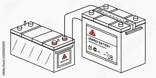 Illustration of two heavy duty industrial batteries connected via cables representing high capacity energy storage solutions with industrial accumulator connection terminal electricity electronic