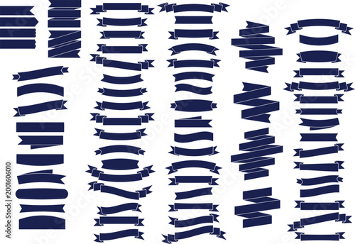 Foto Dark blue ribbon banners and horizontal scroll shapes set for elegant website headers or classical product packaging