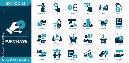 Purchase icon set. Purchase, pay, spend, buy, shop, price, cart, product, sale, ecommerce. Duotone vector icons.