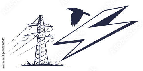 Graphic illustration of a high voltage power transmission tower with a flying bird and lightning symbol electricity lightning transmission silhouette infrastructure electric industry wildlife