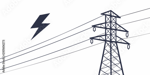 Minimalist graphic icon of an electricity transmission pylon and a lightning bolt symbol with electricity lightning transmission electric infrastructure industrial engineering distribution