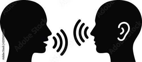 Tableau sur toile Two people in silhouette talking and listening, represented by sound waves emanating from mouths and ears, conveying communication