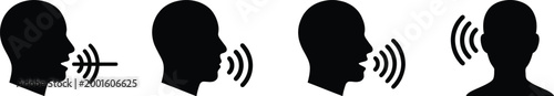 Fotografie Set of four icons representing speech and silence, with sound waves and muted symbols, for communication concepts