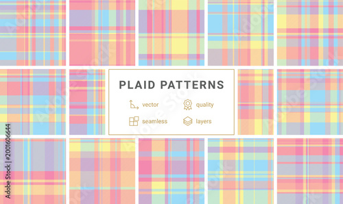 Vibrant and cheerful pastel plaid seamless pattern in soft pink, blue, and yellow. Perfect for nursery textiles, spring fashion, gift wrap, and playful digital backgrounds for any project.