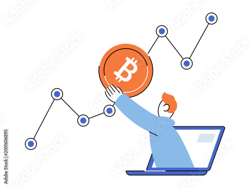 Person from laptop holding bitcoin on growth chart vector illustration. Crypto trading, online investment, growth, digital assets, analysis, success. Trader putting crypto coin on rising market graph