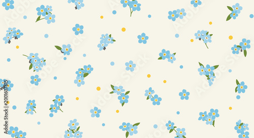 Beautiful seamless floral pattern featuring blue forget-me-not flowers and small yellow dots over a light cream background.