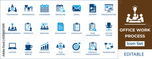 Office work process icon set featuring teamwork, project management, business analytics, strategy, brainstorming, workflow, deadline, report, and office equipment symbols.