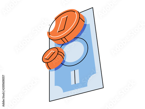 Blue banknote with two orange coins vector illustration. Finance management, banking services, online payment, economy growth, savings account, cash investment. Paper currency with metallic change