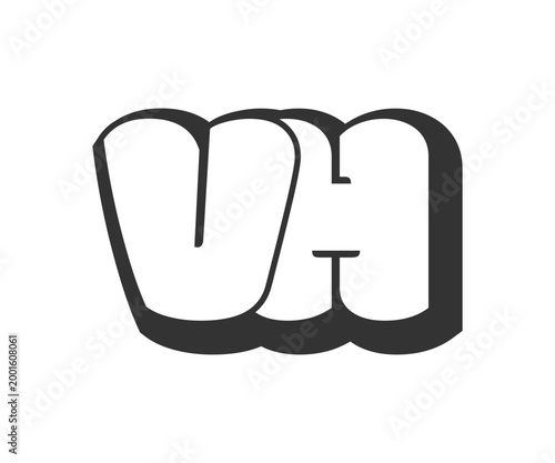 VH logo, bubble comic lettering, rounded in graffiti style black and white silhouette. Trendy preschool V and H letter text for festival party, personal initials, children funky print and web.