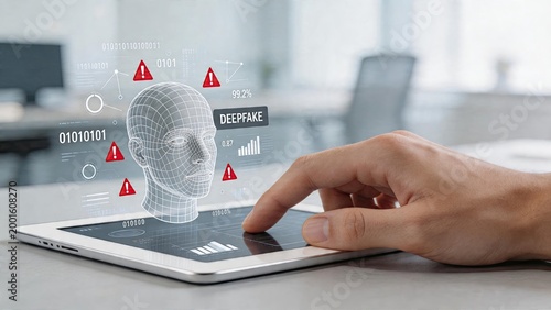 Deepfake detection concept 3d wireframe human head model with digital hologram interface warning icons and binary code overlay technology background