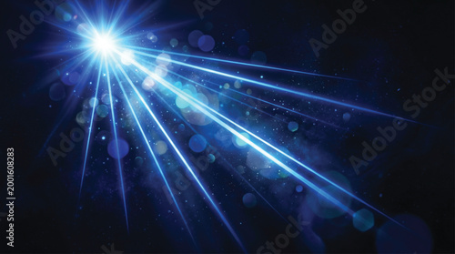 Shimmering blue light rays with lens flare and sparkling particles on a dark blue background for cinematic space and abstract atmosphere effects.