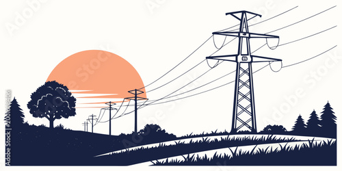 Electrical utility poles and high voltage transmission lines against a setting sun with electricity transmission electric infrastructure distribution industry industrial silhouette landscape