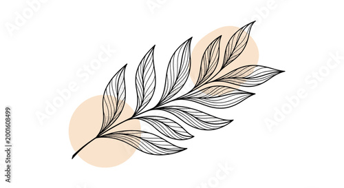 Artistic sketch of a leafy branch with delicate lines is set against soft peach circles in a modern graphic design.