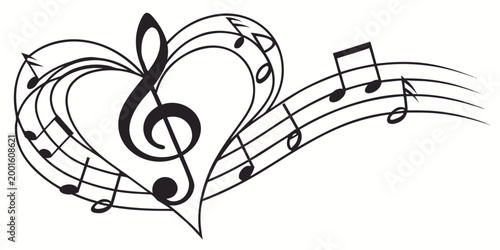 Obraz na plátně Musical heart shape formed by melody lines and floating musical notes with compo