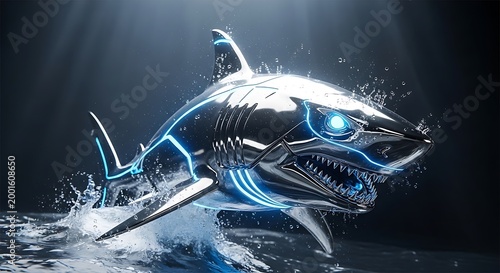 Mechanical shark with blue neon lights futuristic tech visuals sci fi mechanical futuristic technology predator metallic strength dangerous aggressive futuristic tech visuals