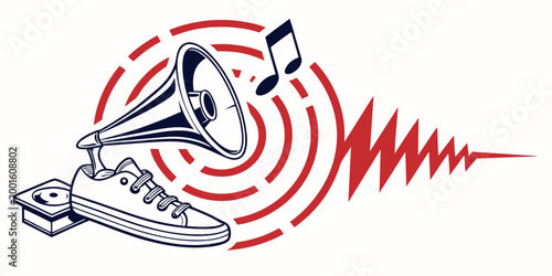 Vintage gramophone horn connected to a sneaker concept graphic with gramophone illustration creative lifestyle audiobook broadcast auditory listening entertainment equipment frequency