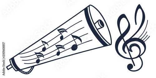 Megaphone with musical notes and treble clef megaphone broadcast performance loudspeaker amplification announcement communication isolated monochrome illustration notation entertainment