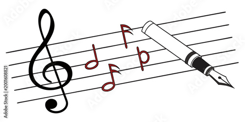 Fountain pen writing musical notes on staff lines concept with composer composition classical creative notation instrument musician symphony illustration artistic abstract