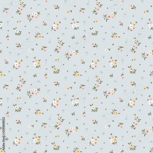 Seamless floral pattern, ditsy flower pattern, fabric print in cute style on stripe background, spring background floral, small soft ditsy flower. Surface design for home textile, wallpaper pattern