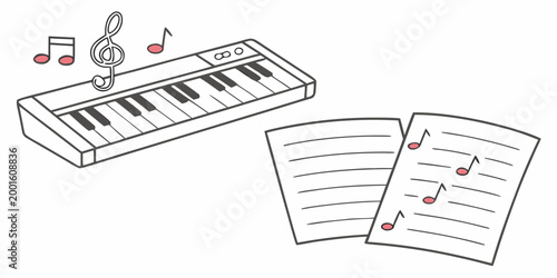Electronic keyboard and sheet music with musical notes keyboard composition electronic instrument classical illustration performance practice education learning creativity entertainment