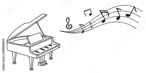 Grand piano with flowing musical notes on staff lines classical instrument composition illustration performance symphony creative entertainment artistic notation orchestra