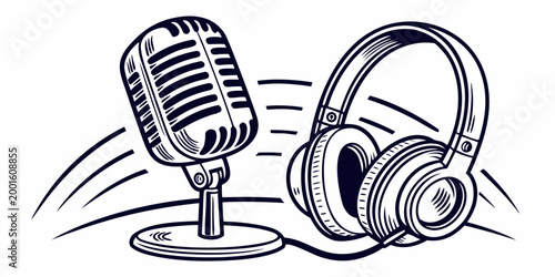 Vintage microphone and headphones with motion sound lines microphone headphones broadcast recording streaming communication equipment illustration professional technology voiceover