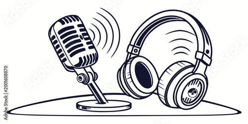 Vintage microphone and headphones with sound waves illustration microphone headphones broadcast recording streaming communication equipment vibration illustration professional technology