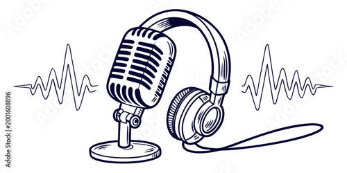 Vintage microphone and headphones with audio sound wave frequency visualization microphone headphones broadcast recording streaming communication equipment frequency visualization technology
