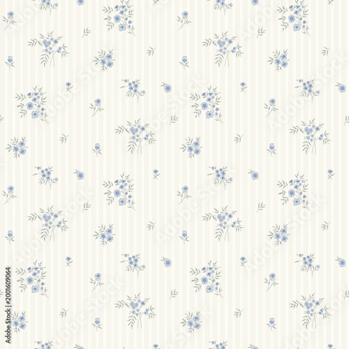 Seamless floral pattern, ditsy flower pattern, fabric print in elegant style on stripe background, spring background floral, small soft ditsy flower. Surface design for home textile, wallpaper pattern